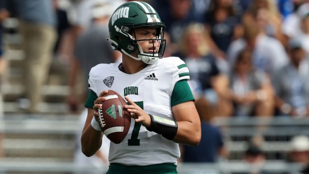 Sep 10, 2022; University Park, Pennsylvania, USA; Ohio Bobcats quarterback Kurtis Rourke (7) drops back in the pocket during the first quarter against the Penn State Nittany Lions at Beaver Stadium.